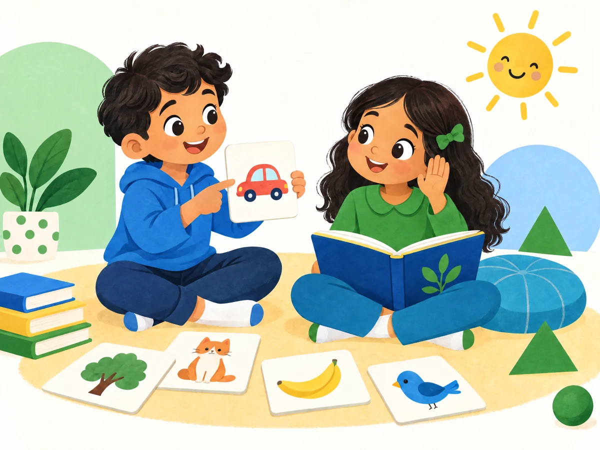 Two children listening and practicing with learning cards, in blue, yellow, and green.